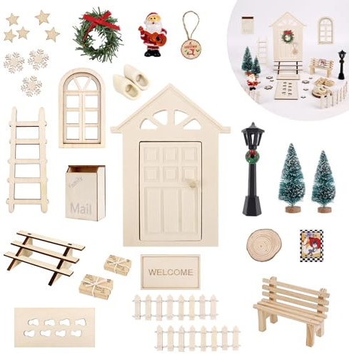 GADITIEK Wichteltür Set, 30 Stück Miniatur Wichtel Zubehör Weihnachten, Holz Wichtel Set Weihnachten Komplett, Weihnachtsdekoration für Kinder Neujahr Geburtstag Weihnachten Geschenke