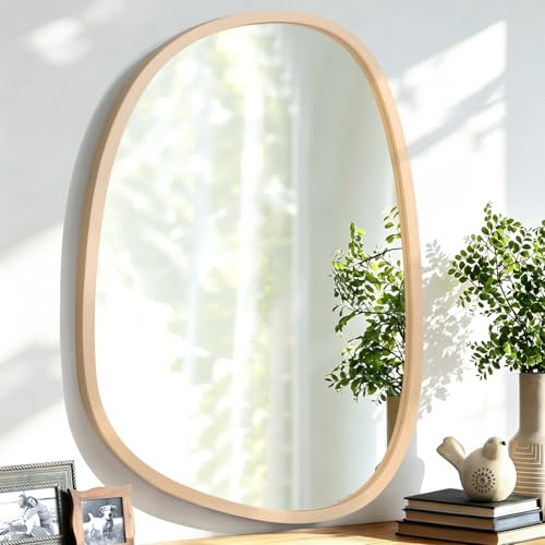 Lzuso Unregelmäßiger Wandspiegel mit Holzrahmen Modern Oval Asymmetrisch Einzigartig Hängender Spiegel Künstlerischer Spiegel Dekor Schlafzimmer Bad Eitelkeit Wohnzimmer Flur Groß Braun 40x30cm