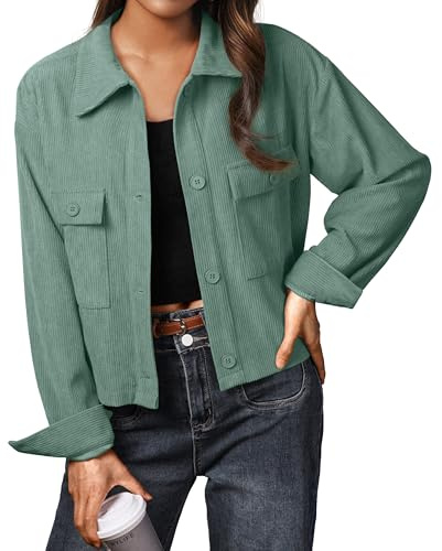 IWOLLENCE Veste en velours côtelé pour femme Veste-chemise Chemise en velours côtelé Veste courte Manches longues Revers Button-Down Manteau shacket, vert, XL