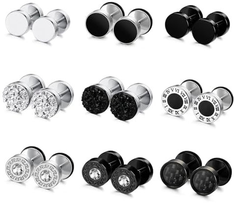 Uwiyo 9 Paar Herren Ohrringe, 8mm Edelstahl Ohrstecker Fake Plugs Ohrringe Silber Schwarz Fake Plug Tunnel Piercing Ohrschmuck für Männer Frauen