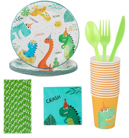 Ensemble de vaisselle anniversaire dinosaure pour 16 invités, comprenant assiettes en papier 7, gobelets, couteaux, fourchettes, cuillères, pailles et serviettes,les fêtes d'anniversaire d'enfants
