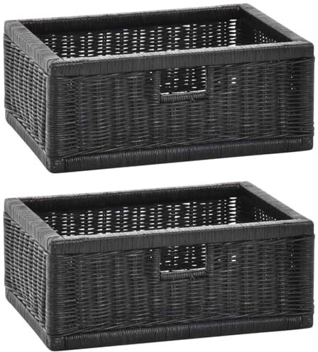 korb.outlet Set / 2 Regalkorb mit Holzrahmen Rattan Schubfach Box zur Aufbewahrung Schrankkorb Griff (Schwarz, Set 42x32x17)