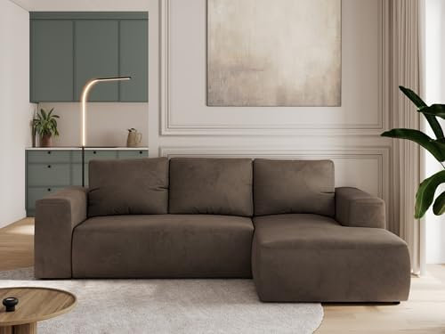 MKS MEBLE Sofa mit Schlaffunktion - Ecksofa mit Schlaffunktion und Bettkasten - Sofa 3 Sitzer - Schlafsofa - Couch - Schlafsofa mit Bettkasten - Trentino L - Braun Velvet - Rechts