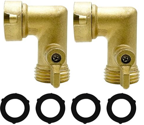 FECOVANTI 90 Degree Brass Garden Hose Elbow Connector with Shut Off Valves-3/4 GHT Garden Hose RV Adapter, Includes 2 Pressure Washers (1, Gold)
