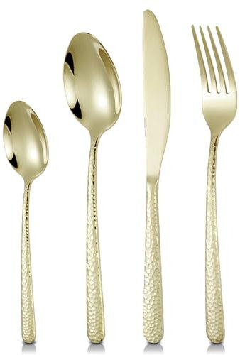 Cutlery Set, SEVERN LIVING, 24 Piece Polished Champagne Gold Stainless Steel Flatware Set, Silverware Tableware Set with Spoon Knife and Fork Set, Service for 6 People, Easy Clean