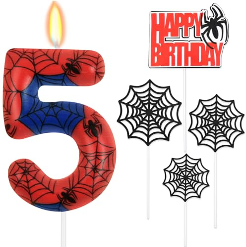HOTUT Spider Number Birthday Candles,Spider Theme Party Number 5 Candles Decoration,Blue Red Candles with Spider Web for Boys Girls Birthday Party Graduation Party Halloween Decorations