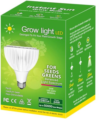 24W LED Pflanzenlampe Vollspektrum,Grow Light mit High PPFD,E27 Sockel 300W äquivalente Wachstumslampe für Zimmerpflanzen,4000K Tageslicht-Pflanzenlichter für Aussaat und Früchte,Ø9.5*14.5cm