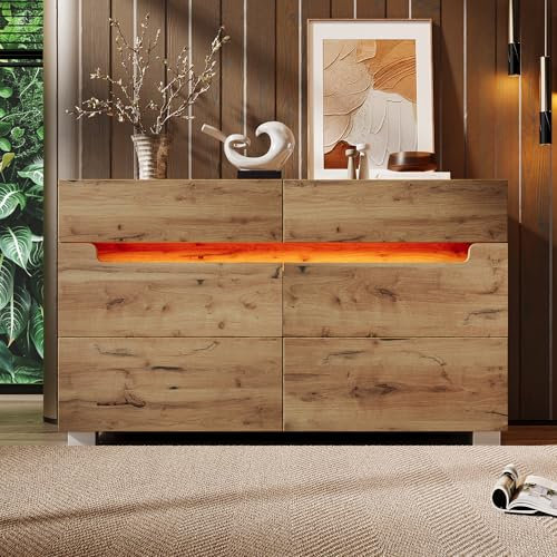 LANTRO JS Wohnzimmer Möbel mit 6 Schubladen, LED Beleuchtung (App Control), Hochglanz Kommode 120 Breit für Wohnzimmer und Schlafzimmer, 120 x 71 x 40 cm, Eiche