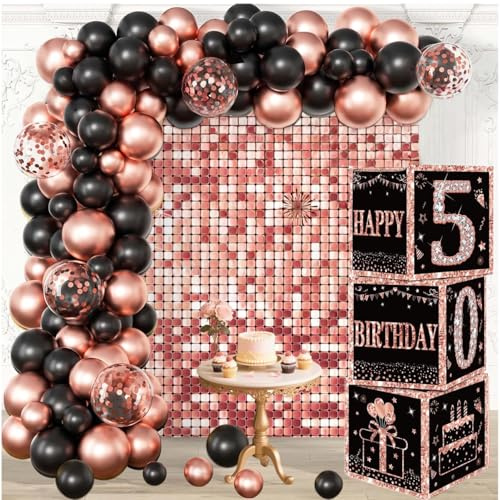 Rose Gold 50th Birthday Decorations Boxes For Women - 3pcs Happy 50th Balloons Boxes, 50 Year Old Party Supplies Birth Theme Decorations For Women (50th)