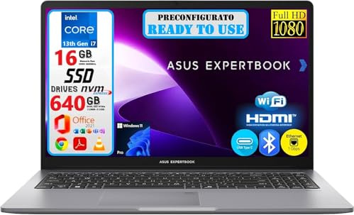 ASUS ExpertBook P1 (P1503), Intel i7-13620H, 16GB RAM DDR5, 640Gb (128Gb+512Gb) NVMe SSD, 15.6 Full HD 1920x1080, Intel UHD Graphics, Windows 11 Pro - Office 2021 - Pronto All'Uso