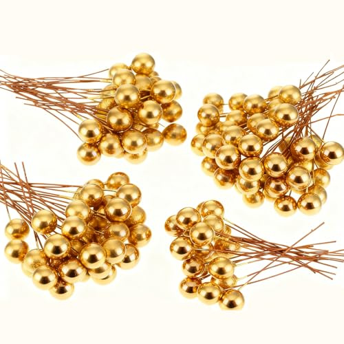 200 Stück Adventskranz Deko, Künstliche Stechpalme, Künstliche Beeren, Dekoration auf Draht für Weihnachtsbäume, künstliche Beerenstiele für Weihnachten, Blumensträuße, Kranzdekorationen(Gold)