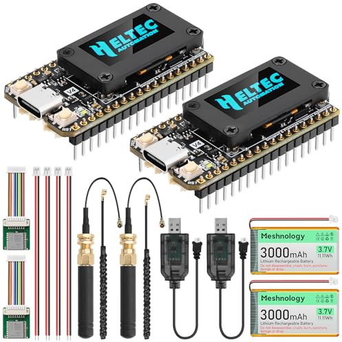 Meshnology Lot de 2 cartes de développement ESP32 LoRa V4 + module GNSS L76 + batterie 3000 mAh, ESP32-S3 SX1262 LoRa WiFi Bluetooth 2 Mo PSRAM 16 Mo Flash 915 MHz Antenne OLED Support GPS solaire