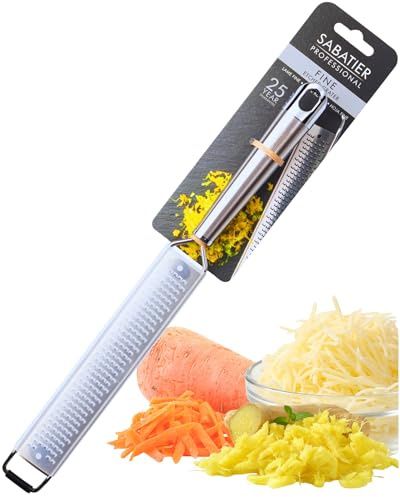 Sabatier Professional Fine Etched Kitchen Grater - 35.6x3.2cm Razor Sharp Stainless Steel Zester with Blade Guard & Ergonomic Handle. Perfect for Lemon, Hard Cheese, Nutmeg & Garlic. Dishwasher Safe