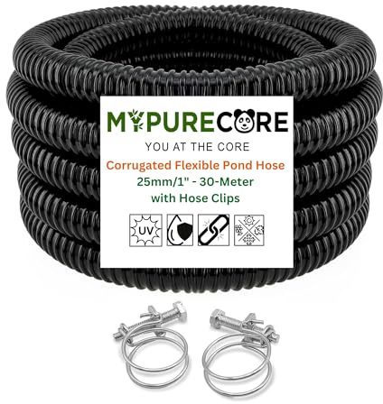 MYPURECORE 25mm / 1 Corrugated Flexible Pond Hose Pipe – Black PVC Water Tubing with Double-Wired Clips – for Pond Pumps, Filters, Waterfalls, Fountains & Drainage – Multiple Lengths (30-Meter)
