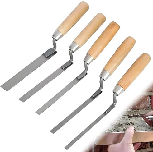 5 Pcs Pointing Trowel Set, Stainless Steel Finger Tool for Bricklaying, Masonry Work & Patio Grouting, Flat Tuck Pointer Kit with Wooden Handle for DIY Gap Repairs