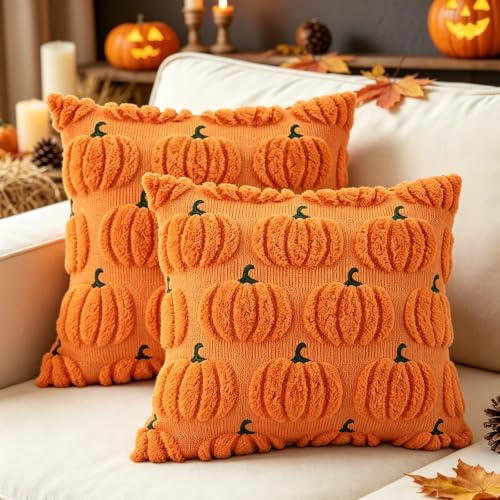 2 Stück Set Herbst Kissen, Orange Kürbis Kissenbezüge 45x45 cm | Herbstdeko und Halloween Deko, Terracotta Farben für Wohnzimmer und Schlafzimmer, Boho Style und Cottagecore Ästhetik
