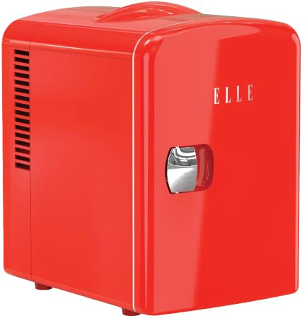 ELLE Mini Frigo 4L Multi-Usages – Réfrigérateur Portable Chaud & Froid pour Skincare, Soins, Cosmétiques, Boissons et Snacks, Capacité 6 Canettes, Étagère Amovible, Poignée de Transport - Rouge