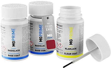 MG PRIME Autolack Lackstift Set für Citroen EKQ Rouge Lucifer Nacre/Luzifer Rot Metallic Grundlack Basislack Klarlack je 50ml