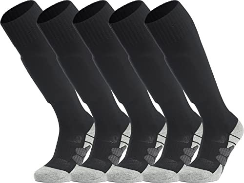 APTESOL Knielang Fußballsocken Kinder Jugend Erwachsene Lang Sportsocken Kissen Atmungsaktiv Soccer Trainingssocke (5-Paar Schwarz-A, EU 40-44)