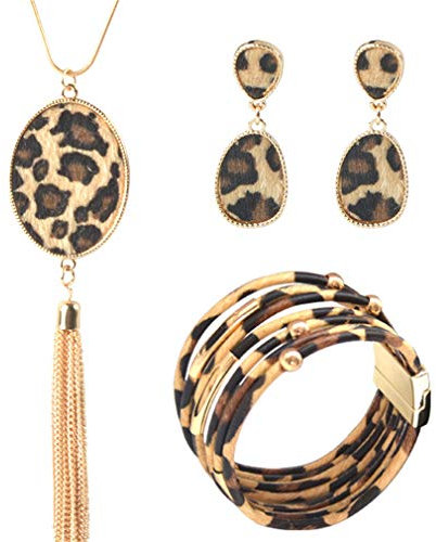 YAZILIND 3 Stück Leopard Schmuck Set Leopard Leder Armband Dangle Ohrring Halskette für Frauen Oval