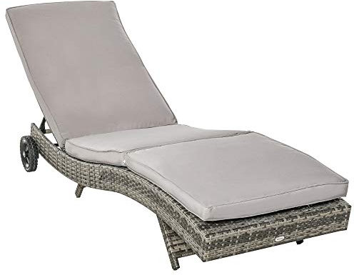 Outsunny Liegestuhl Sonnenliege Grand Confort – Rückenlehne neigbar 5 Positionen Rollen – Matratze mit abnehmbarem Bezug – Polyrattan, grau