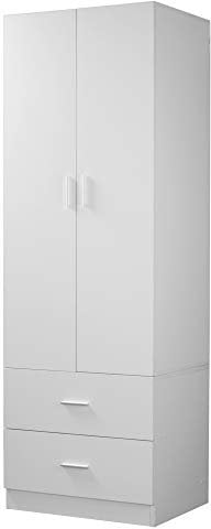 URBNLIVING Orlando Wooden 2 Door With 2 Drawers Kids Wardrobe Bedroom Storage Hanging Bar (White)
