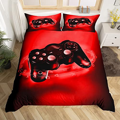 Loussiesd Kids Gamepad Duvet Cover Super King Size Modern Gamer Bedding &Linen Retro Video Game Comforter Cover for Youth Boy Gaming Bedding Set for Living Room Decorative, Black Red Quilt Cover Boys