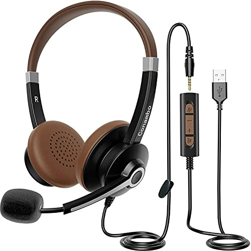 PC Headset mit mikrofon, USB/3,5mm Klinke PC Kopfhörer mit Noise Cancelling Mikrofon & Lautstärkeregler für Call Center, Skype, Office, Telefonkonferenzen, Online-Kurse und Musik, Leicht & Komfortabel