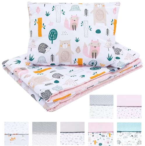 Bellochi Multifunktional Baby Decke Set - Doppelseitig Baby Bettwäsche 75x100 cm und Kissen 30x40cm - aus 100% Baumwolle - Wald