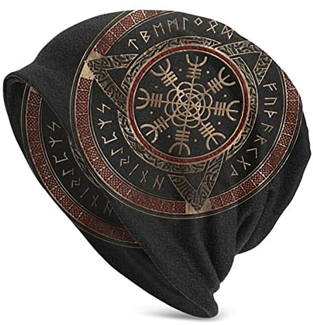 C2Jew Vikings Beanies Mütze Schwarz-Rote Strickmützen Damen Herren Mütze Hip-Hop Mütze Slouchy Outdoor-Caps 10,6 × 11 Zoll,Helm of awe