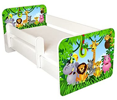 AS-TOR Kinderbett Jugendbett Igor 80x160cm mit Matratze und Abnehmbarem Geländer - Bett Schlafzimmer Kindermöbel Kinderbetten für Mädchen Junge, Massivholz, Solide Sicher, Urwald