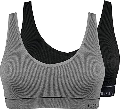 Nur Die 2er Pack Retro Bustier sportlich ohne Bügel bügelloser BH Bra Unterwäsche Damen, Graumelange/schwarz, M
