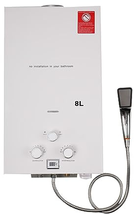 TABODD 8L Chauffe-eau à Gaz Propane, 16KW Chauffe-eau Instantané GPL Brûleur Portatif de Chauffe - eau Instantané sans Réservoir avec Kit Douche pour la Petit Camping Résidentiel, Blanc