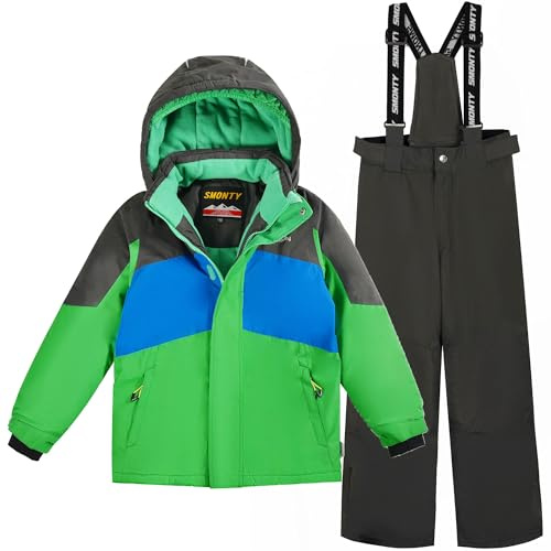 SMONTY Jungen Skianzug, 2 Teilig Schneeanzug Skijacke und Skihose | für Jungen und Jugendliche, Winter Skijacke mit Schneefang, Flanell-Futter, Kapuze, Wasserdicht, Atmungsaktiv, Winddicht