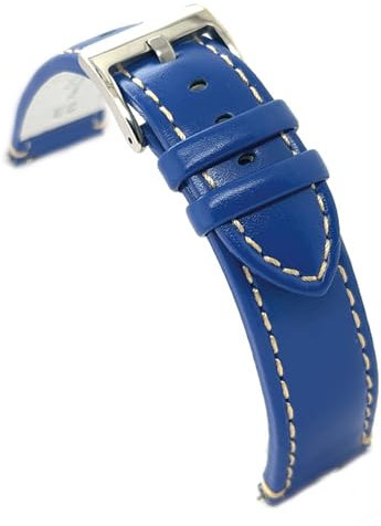 diloy Sportliches flaches Uhrenarmband aus glattem Rindsleder mit weißer Naht – Größen 14mm 16mm 18mm 20mm 22mm 24mm – Elegant und widerstandsfähig 373 Blau 16mm