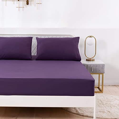 Drap Housse 140x200 cm 2 Personnes avec Grand Bonnet de 35 cm - Drap-Housse Lavable et Ajustable - Microfibre Douce Couleur Unie - Violet