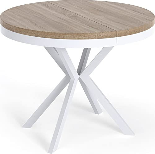 WFL GROUP Runder Ausziehbarer Esstisch - Loft Style Tisch mit Weißen Metallbeinen - 90 bis 170 cm - Industrieller Tisch für Wohnzimmer - Kompakt - 90 cm - Sonoma Eiche