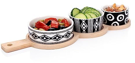 Murago - Tapas Snackplatte 4-tlg Set - Bambusteller mit Griff Keramik Snack Schalen Teller Platte Brett länglich Snackteller Serviertablett Schälchen Gastro Servierschale Dips Vorspeisen Oliven Nüsse