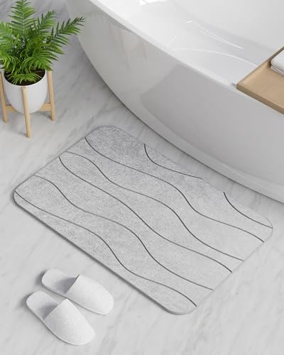 ZORUMAN Tapis de Bain antidérapant en Terre de diatomée - Séchage Rapide - 100% Pierre Naturelle - Absorbant - 60 x 39 cm - Gris Clair ondulé