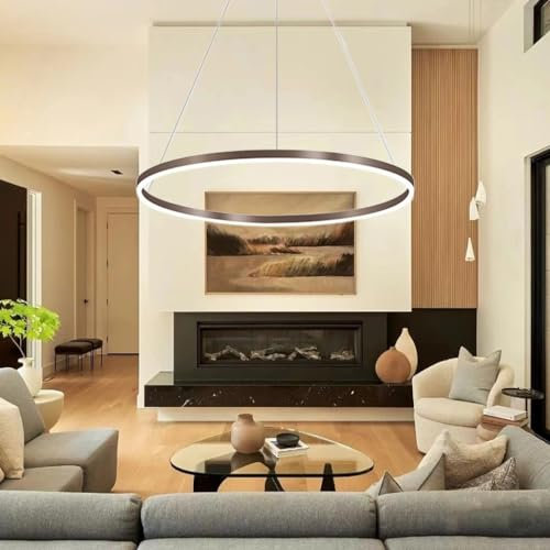 Pendelleuchte Moderne LED Esstisch Kronleuchter Wohnzimmer Dimmbar mit Fernbedienung Kreativ Pendellampe Rund Ringe Hängeleuchte Metall Acryl Hängelampe Esszimmer Lampe Wohnzimmer Leuchte(Color:Braun,