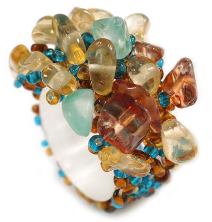 Avalaya Amber Brown/Teal/Sand Glass Bead Cluster Band Style Flex Ring - Size M