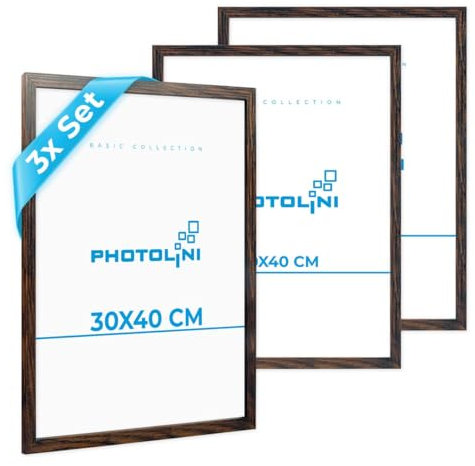 PHOTOLINI Marcos 30x40 cm madera MDF roble oscuro, set de 3 marcos para pósteres, cristal acrílico, para colgar, incluye accesorios - para fotos, láminas y pósteres