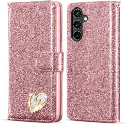KP TECHNOLOGY Case for Samsung Galaxy A15, Premium Shiny Bling Glitter Loving Heart Book Flip Stand Wallet Card Phone Case for Samsung Galaxy A15 4G / A15 5G (ROSE GOLD)