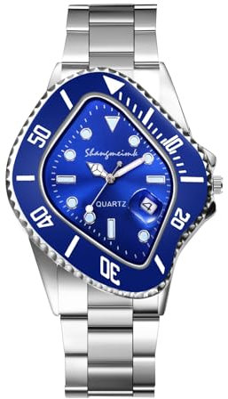 JewelryWe Uhren Herren Edelstahl Herrenuhr: Einzigartig Datum Kalender Analog Quarz Armbanduhr Silber Edelstahl Armband Männer Uhr mit Blau unregelmäßig geformtem Zifferblatt und Leuchtzeiger