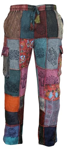 Ezhippie herrbyxor, hippiebyxor, elastisk midja, lapptäcke, byxor, bohemiska festkläder, Blandat, L