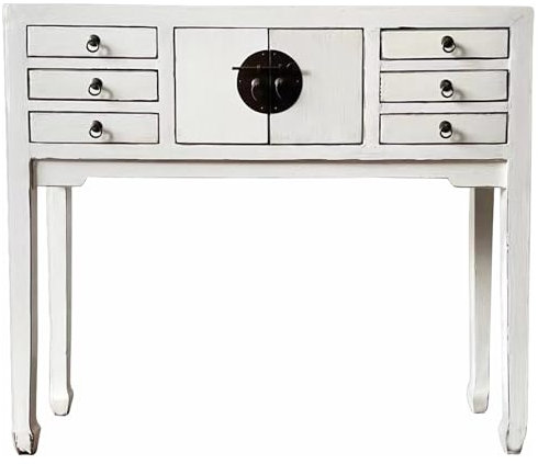 Marrakesch Kommode Adeline aus Holz Weiß 100cm Handgefertigt mit 6 Schubladen | Vintage Asia Stil mit Metallbeschlag | Schmale Anrichte Konsole Beistelltisch Flurkommode | Massivholz Shabby Chic Möbel