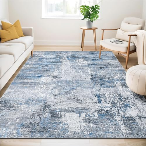 Guchuang Bedding Teppich Wohnzimmer 140x200cm, Blau-Grau Vintage Meliert Verwischt Design Kurzflor, Waschbar Rutschfest für Schlafzimmer
