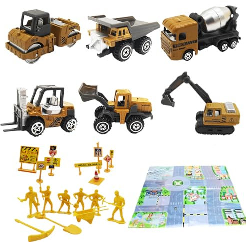 Vndnsy Ensemble de 6 véhicules d'ingénierie en Alliage, Ensemble de véhicules de Construction de Pelleteuse pour Enfants avec Panneaux de signalisation, Jouets éducatifs pour Enfants garçons Filles