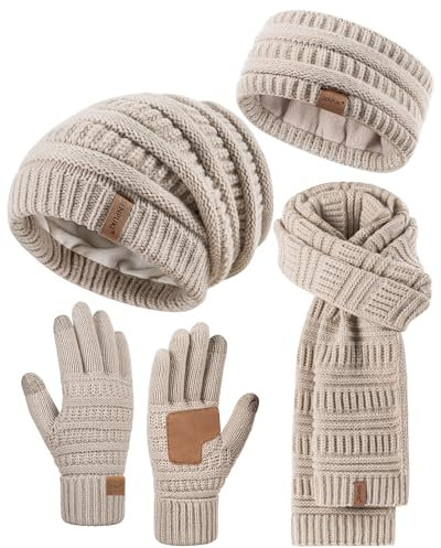 SENPUKI Stirnband, Mütze, Schal & Handschuh-Sets für Damen, Slouchy Beanie Mütze Ohrenwärmer Stricken Schal Touchscreen Handschuhe Warm 4-in-1 Geschenk Set