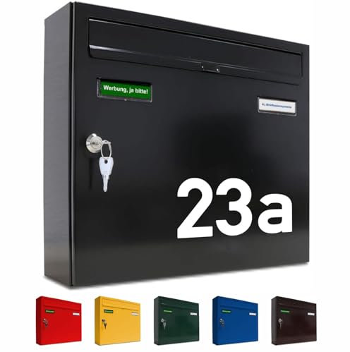 AL Briefkastensysteme Briefkasten mit Hausnummer schwarz 9005 - Basic 1er Briefkasten mit Namen und Hausnummer wetterfest Din A4 - Postkasten mit Hausnummernschild personalisiert